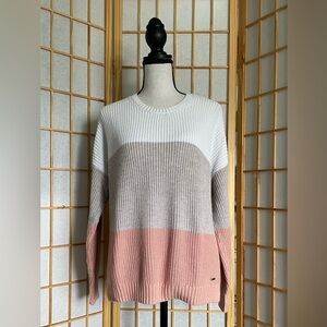 Hollister Colorblock Crew Neck Sweater - White, Tan, Pink - Medium